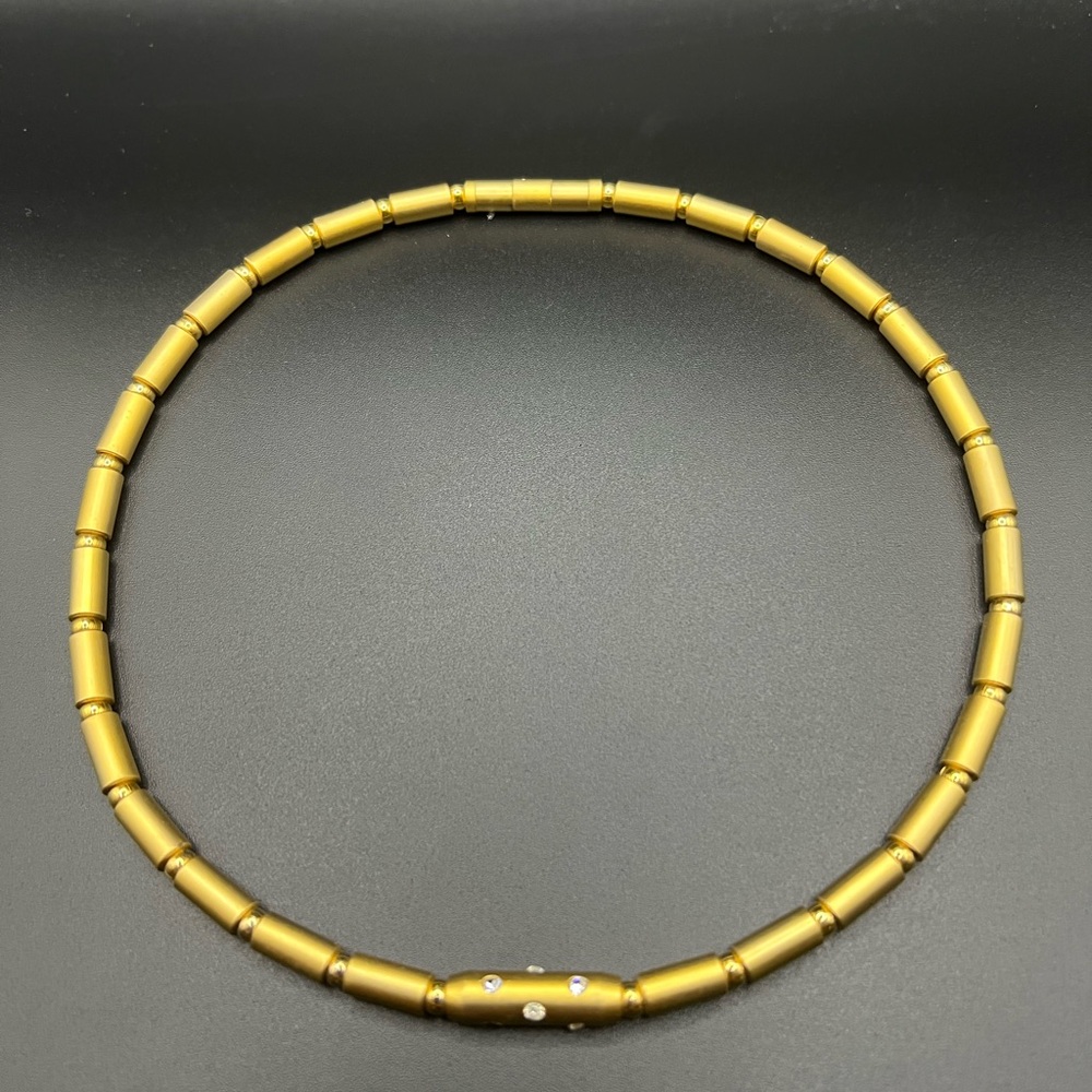 Gold Tone Pipe and Ball Chocker Necklace With Crystal/Rhinestones Magnetic